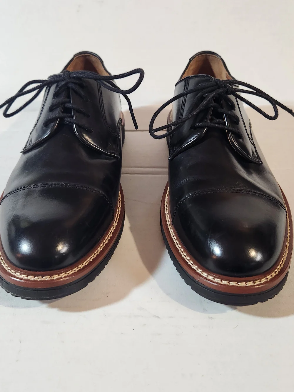 Johnston & Murphy Black Leather Cap-Toe Derby with Brown Welt